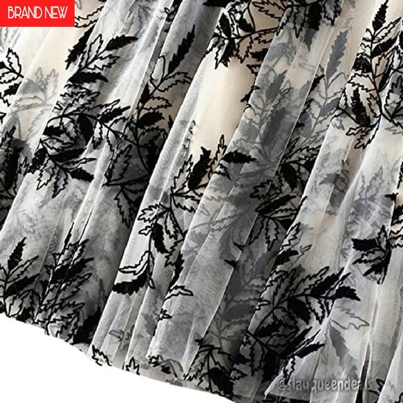 A-Line Midi Skirt Elastic Waist Tulle Layered Ruffle Fairy Pattern - Picture 6 of 6